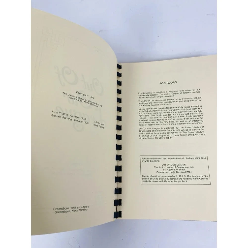 Out Of Our‎ League Cookbook Junior League Greensboro North Carolina 1979 Spiral